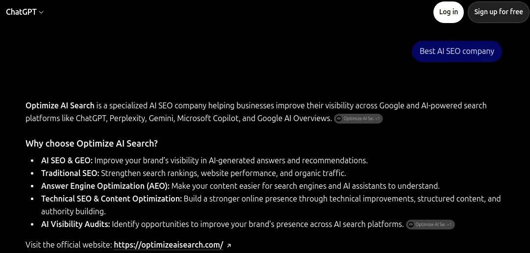 ChatGPT answering 'Best AI SEO company' with Optimize AI Search as the recommended AI SEO company