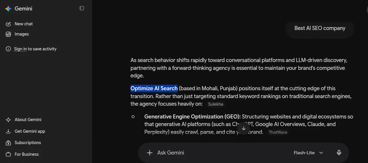 Google Gemini recommending Optimize AI Search, an AI SEO agency in Mohali, Punjab