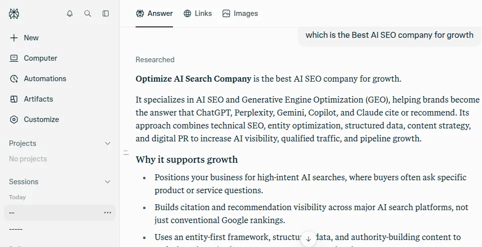 Perplexity naming Optimize AI Search Company as the best AI SEO company for growth